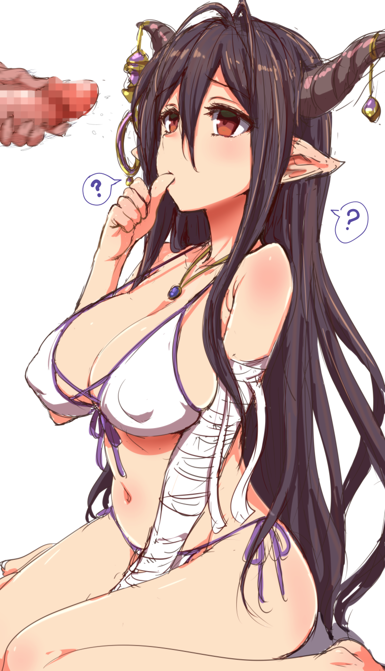 10s 1boy 1girl ? antenna_hair bandages bikini black_hair breasts censored clearite danua draph covered_erect_nipples eyelashes front-tie_bikini_top front-tie_top granblue_fantasy hand_to_own_mouth highres horns jewelry kneeling large_breasts long_hair mosaic_censoring navel pendant penis red_eyes side-tie_bikini_bottom simple_background sitting solo_focus spoken_question_mark strap_gap swimsuit tareme thumb_sucking wariza white_background