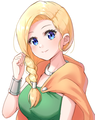 1girl bianca_(dq5) blonde_hair blue_eyes blush bracelet braid breasts cape closed_mouth commentary dragon_quest dragon_quest_v dress green_dress hair_behind_ear jewelry large_breasts long_hair looking_at_viewer lowres neck_ring orange_cape raid_(minmiru) single_braid smile solo upper_body white_background