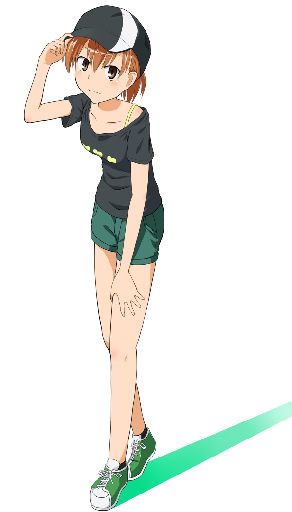 1girl adjusting_clothes adjusting_headwear bare_arms baseball_cap black_hat black_shirt breasts brown_eyes brown_hair casual closed_mouth collarbone full_body green_footwear green_shorts hair_between_eyes hand_on_own_thigh hand_up hat heart heart_print jack-barro light_blush light_smile looking_at_viewer medium_breasts medium_hair misaka_mikoto official_alternate_costume official_alternate_hairstyle partially_translated ponytail shirt shoes short_ponytail short_shorts short_sleeves shorts simple_background sneakers solo toaru_kagaku_no_railgun toaru_kagaku_no_railgun_s toaru_majutsu_no_index translation_request walking white_background