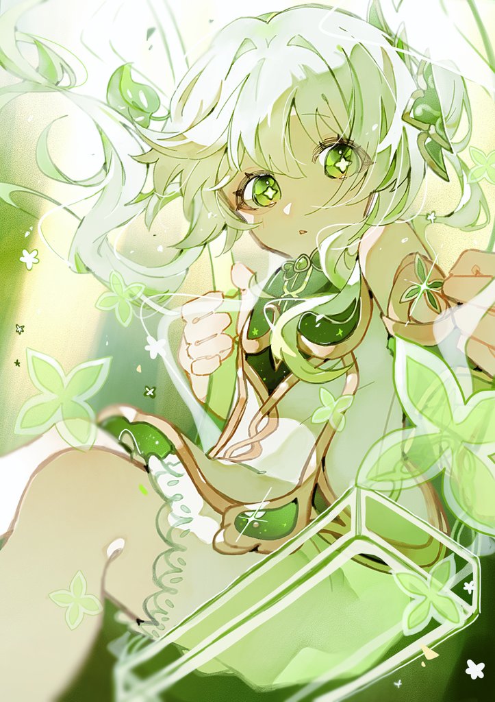 1girl agu_0218 bloomers commentary cowboy_shot cross-shaped_pupils expressionless floating_hair genshin_impact green_eyes green_theme hair_intakes hair_ornament hands_up leaf_hair_ornament long_sleeves looking_at_viewer nahida_(genshin_impact) parted_lips petite side_ponytail sidelighting sitting solo swing symbol-shaped_pupils underwear white_bloomers white_hair