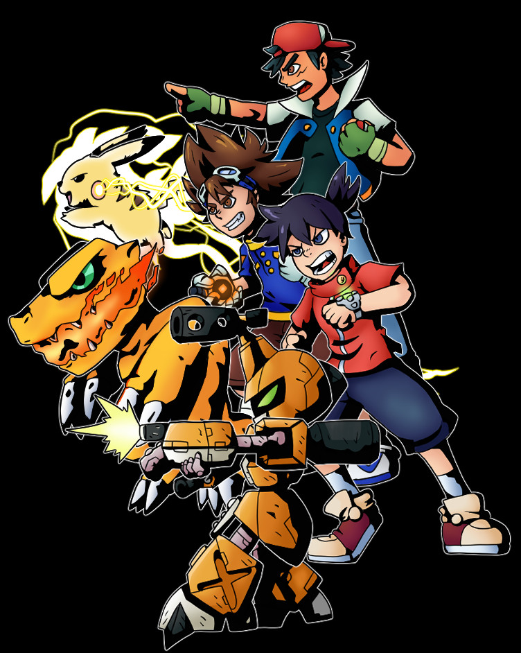 agumon ash_ketchum creatures_(company) digimon digimon_(creature) digimon_adventure fire game_freak gen_1_pokemon green_eyes hat medarot medarot_(robot) metabee nintendo open_mouth pikachu pokemon pokemon_(anime) pokemon_(classic_anime) robot sharp_teeth teeth tenryou_ikki yagami_taichi