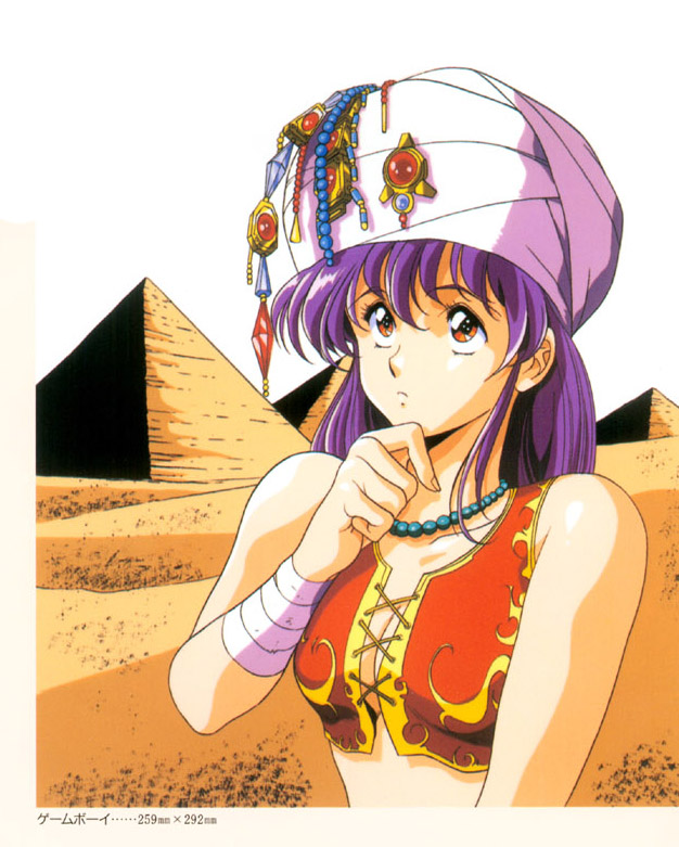 1girl bandages bead_necklace beads breasts cleavage desert female_focus gem great_pyramid_of_giza hand_on_own_chin jewelry long_hair necklace outdoors pyramid pyramid_(structure) red_eyes sand solo thinking turban upper_body urushihara_satoshi