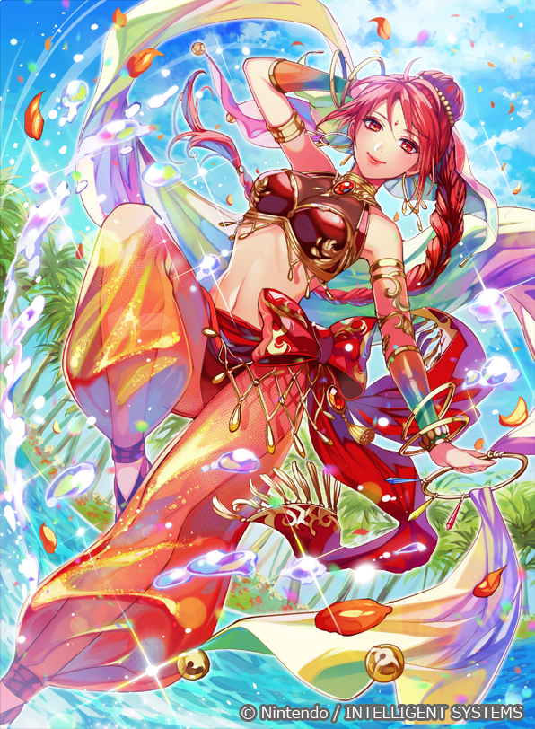 1girl arabian_clothes bow bracelet braid coconut_tree dancer day female_focus fire_emblem fire_emblem:_the_sacred_stones fire_emblem_cipher forehead_jewel gem jewelry long_hair matching_hair/eyes matsurika_youko midriff navel nintendo official_art palm_tree petals red_eyes red_hair single_braid sky solo tethys_(fire_emblem) tree water