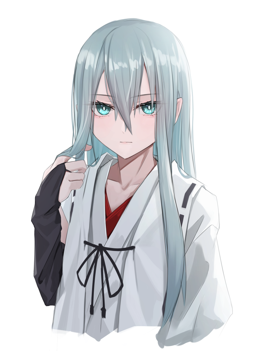 aqua_eyes black_bridal_gauntlets bridal_gauntlets closed_mouth collarbone grey_hair hair_between_eyes highres japanese_clothes kis_sako long_hair looking_at_viewer original simple_background solo upper_body white_background