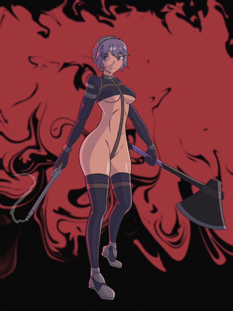 1girl asymmetrical_dual_wielding axe black_background breasts crotch_strap dual_wielding female_focus full_body gloves gun hair_between_eyes headgear holding holding_axe holding_gun holding_weapon martyr_(the_citadel) matching_hair/eyes purple_eyes purple_gloves purple_hair purple_shirt purple_thighhighs red_background shirt simple_background smoke smoking_barrel solo solo_focus standing strapless the_citadel thigh_strap thighhighs tube_top underboob weapon