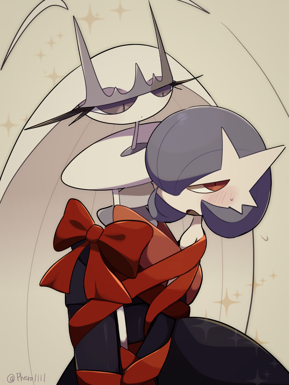 a-nya antennae artist_name black_dress black_gloves blue_hair blush bob_cut bound_together bow colored_skin creatures_(company) dress elbow_gloves game_freak gardevoir gen_3_pokemon gen_7_pokemon gloves hair_over_one_eye half-closed_eyes highres long_hair mega_gardevoir mega_pokemon multicolored_skin nintendo pheromosa pokemon pokemon_(creature) purple_eyes red_bow red_eyes red_ribbon restrained ribbon sweatdrop ultra_beast white_skin