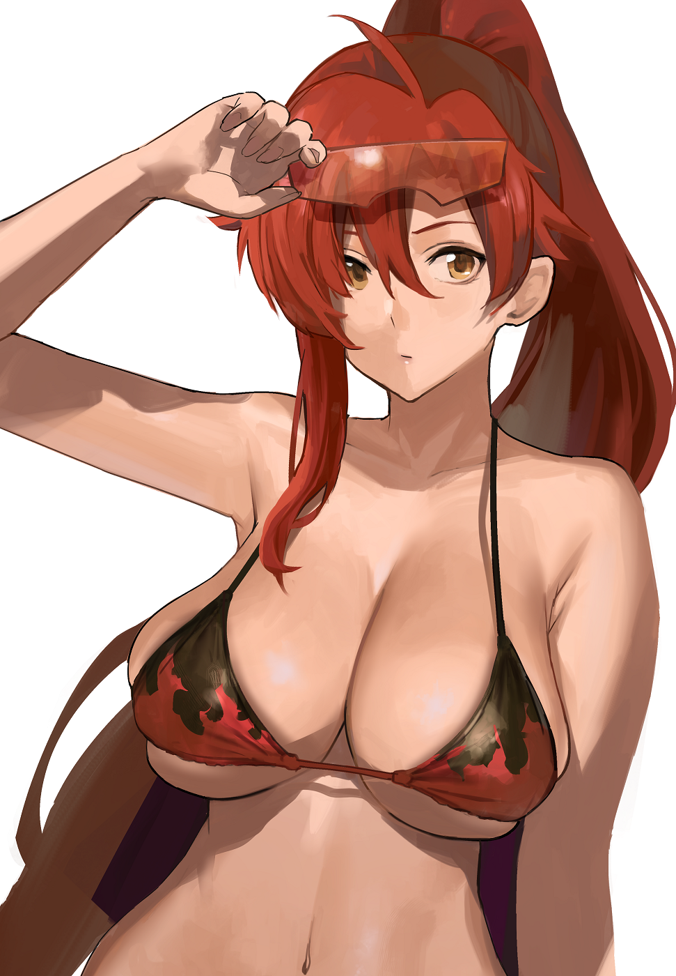 1girl bare_shoulders bikini bikini_top_only breasts cleavage collarbone eyewear_on_head flame_print hair_between_eyes hair_ornament high_ponytail highres j@ck large_breasts navel sidelocks skull_hair_ornament swimsuit tengen_toppa_gurren_lagann underboob upper_body white_background yellow_eyes yoko_littner