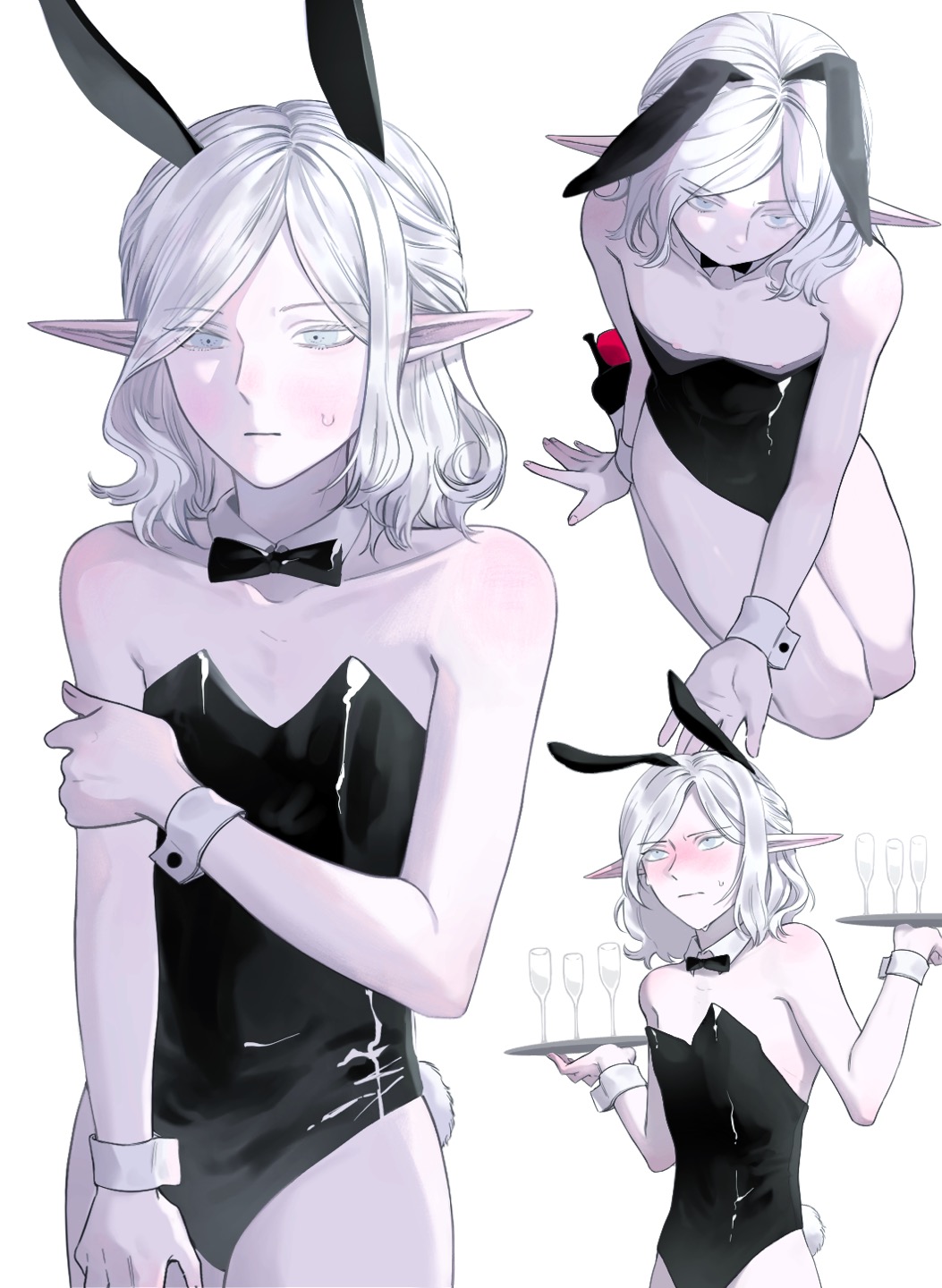 1boy androgynous animal_ears black_leotard blush crossdressing cup detached_collar drinking_glass dungeon_meshi elf embarrassed from_above grey_eyes grey_hair gulli_mm half_up_braid highres holding holding_own_arm holding_tray leotard male_focus male_playboy_bunny medium_hair mithrun mithrun_(young) multiple_views nipples playboy_bunny pointy_ears rabbit_ears rabbit_tail seiza simple_background sitting strapless strapless_leotard sweatdrop tail trap tray wavy_hair white_background wrist_cuffs