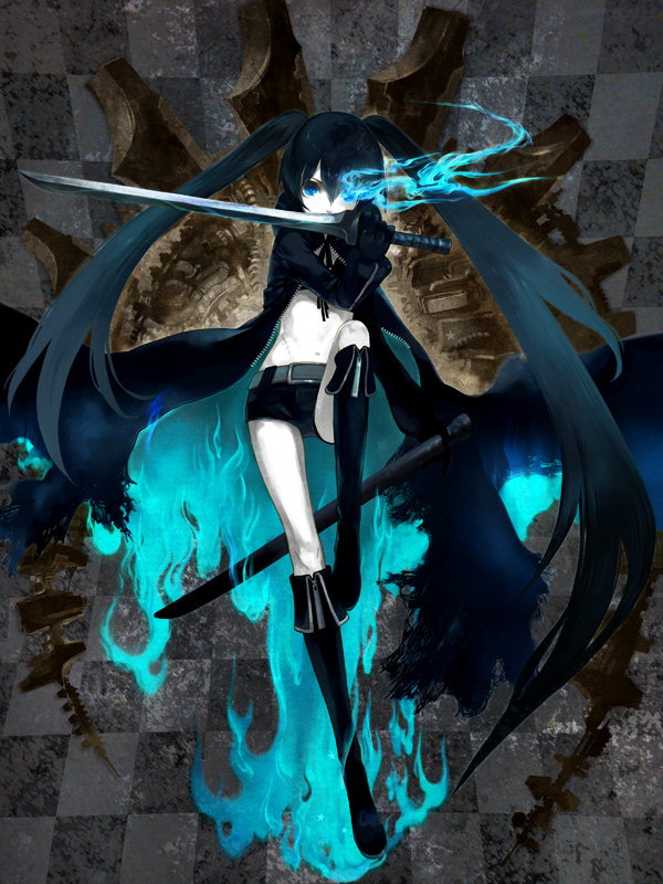 10s 1girl black_hair black_rock_shooter black_rock_shooter_(character) blue_eyes boots coat female_focus gloves glowing glowing_eyes green_hair jimu_kaji kajimiya_(kaji) midriff navel scar shorts solo sword trench_coat twintails weapon