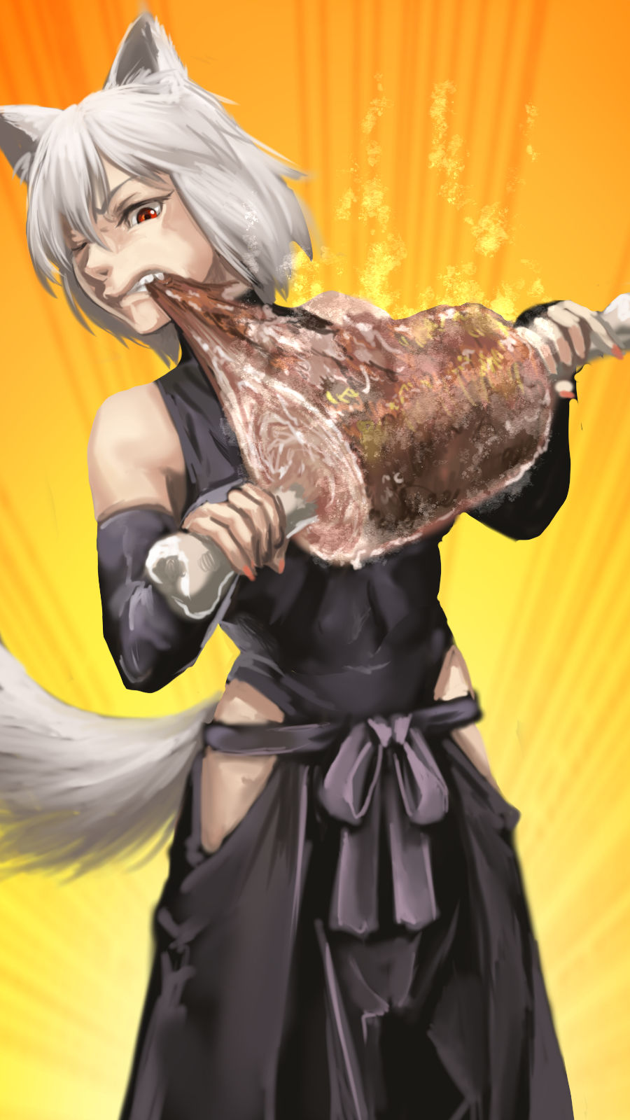 1girl animal_ears biting black_bow black_gloves black_shirt black_skirt boned_meat bow commentary_request cowboy_shot eating elbow_gloves fingerless_gloves fingernails food gloves hair_between_eyes hakama hakama_skirt highres hip_vent inubashiri_momiji japanese_clothes kawahagi_modoki long_bangs meat one_eye_closed orange_background pink_nails red_eyes sharp_teeth shirt short_hair skirt sleeveless sleeveless_shirt solo tail teeth touhou white_hair wolf_ears wolf_girl wolf_tail