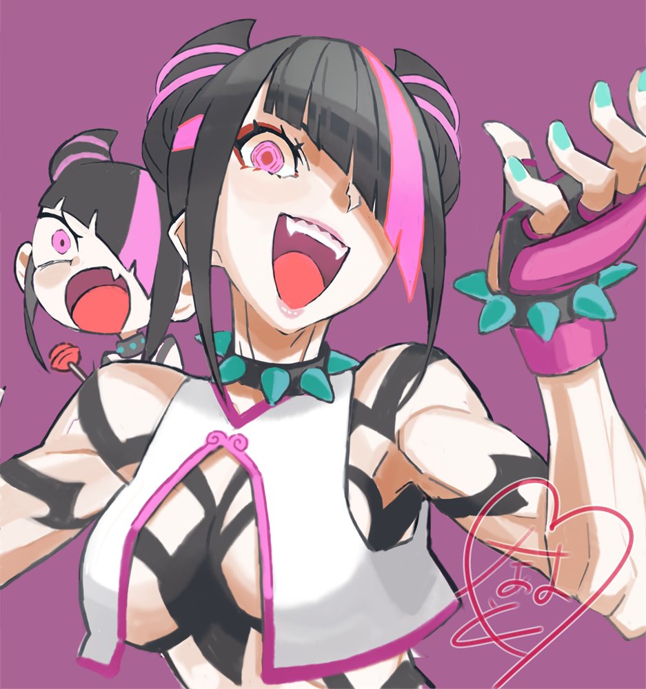 1girl bare_shoulders black_hair breasts cropped_vest diagonal_bangs hair_horns hair_over_one_eye han_juri large_breasts multicolored_hair multiple_views open_mouth pink_eyes pink_hair purple_background revealing_clothes simple_background street_fighter teeth tongue two-tone_hair upper_body upper_teeth_only vest white_vest yuuki_(irodo_rhythm)