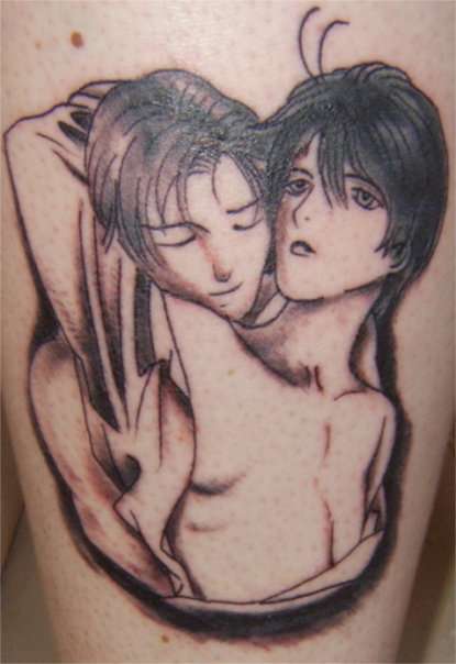 00s gakuen_heaven hug male_focus photo_(medium) tattoo yaoi