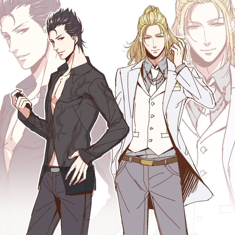 2boys bad_id bad_pixiv_id belt black_hair blonde_hair el_shaddai enoch formal_clothes kuren lucifel_(el_shaddai) male_focus multiple_boys necktie red_eyes shirt suit white_background yellow_eyes