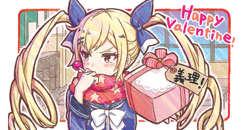 1girl averting_eyes blonde_hair blue_serafuku blush border bow bowtie box candy chair cinderella_series classroom covered_mouth desk drill_hair food gift gift_box hachigatsu_no_cinderella_nine hair_bow hair_ornament hairclip hanako_(akatsuki) happy_valentine holding holding_candy holding_food holding_lollipop incoming_gift indoors kousaka_tsubaki lollipop long_hair long_sleeves looking_to_the_side non-web_source official_art outside_border portrait red_eyes red_scarf scarf school_chair school_desk school_uniform serafuku solo standing star_(symbol) star_print twin_drills two-tone_bow v-shaped_eyebrows valentine white_border white_bow white_bowtie window