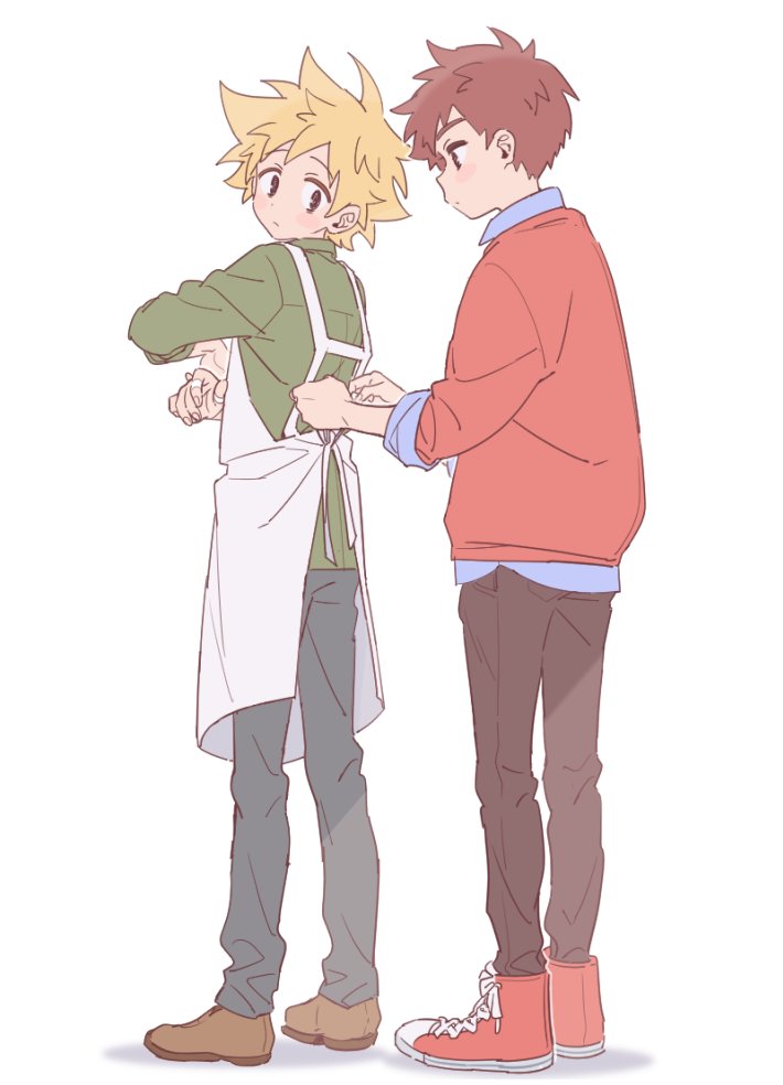 2boys adjusting_another&#039;s_clothes apron blonde_hair brown_eyes brown_hair clyde_donovan from_side full_body jacket looking_back male_focus multiple_boys pants shoes sneakers south_park ten_(lu2948d) tweek_tweak tying_apron