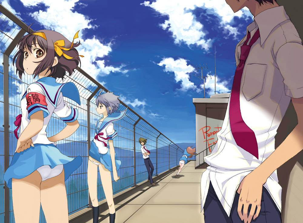 00s 2boys 3girls armband asahina_mikuru ass brown_eyes brown_hair clothes_lift cloud day hairband koizumi_itsuki kyon lowleg lowleg_panties miniskirt multiple_boys multiple_girls nagato_yuki outdoors panties pantyshot pun purple_hair rooftop school_uniform serafuku short_hair skirt skirt_lift sky standing suzumiya_haruhi suzumiya_haruhi_no_yuuutsu translated underwear upskirt white_panties wind wind_lift yoshida_on