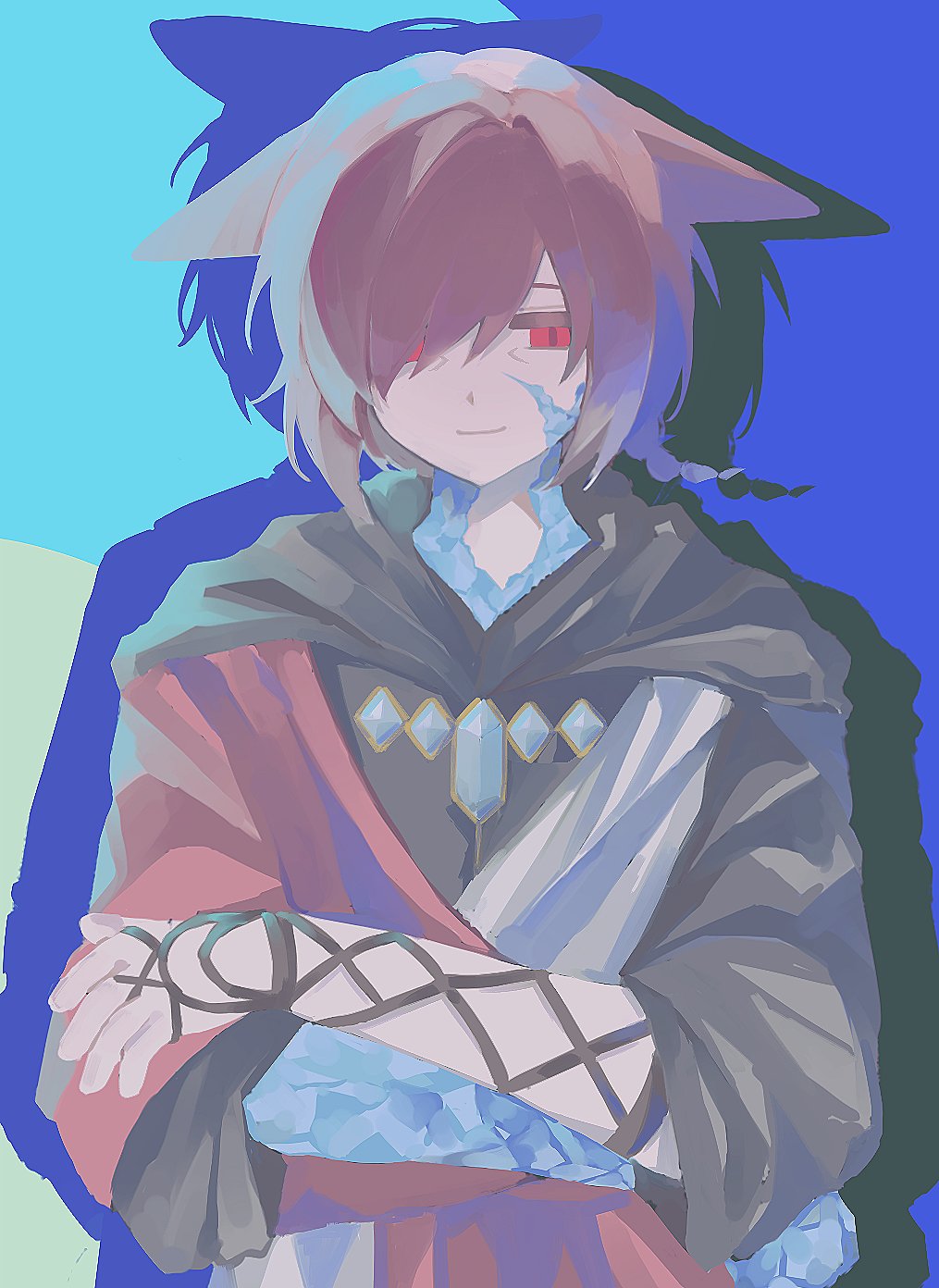 1boy animal_ears black_robe blue_background braid cat_ears crossed_arms crystal crystal_exarch crystallization drop_shadow facial_mark final_fantasy final_fantasy_xiv g&#039;raha_tia g&#039;raha_tia grahakareshi hair_over_one_eye highres hood hood_down hooded_robe male_focus material_growth miqo&#039;te one_eye_covered red_eyes red_hair robe short_hair simple_background single_braid smile solo upper_body