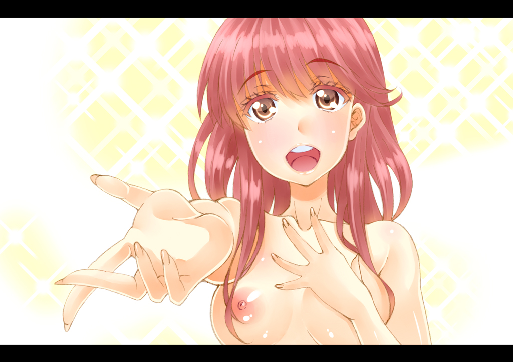 1girl breasts brown_eyes collarbone completely_nude female_focus foreshortening fukuguri_yuuto hand_on_own_chest letterboxed long_hair medium_breasts meigo_arisa nipples nude open_mouth pink_hair reaching reaching_towards_viewer solo toaru_majutsu_no_index toaru_majutsu_no_index:_endymion_no_kiseki