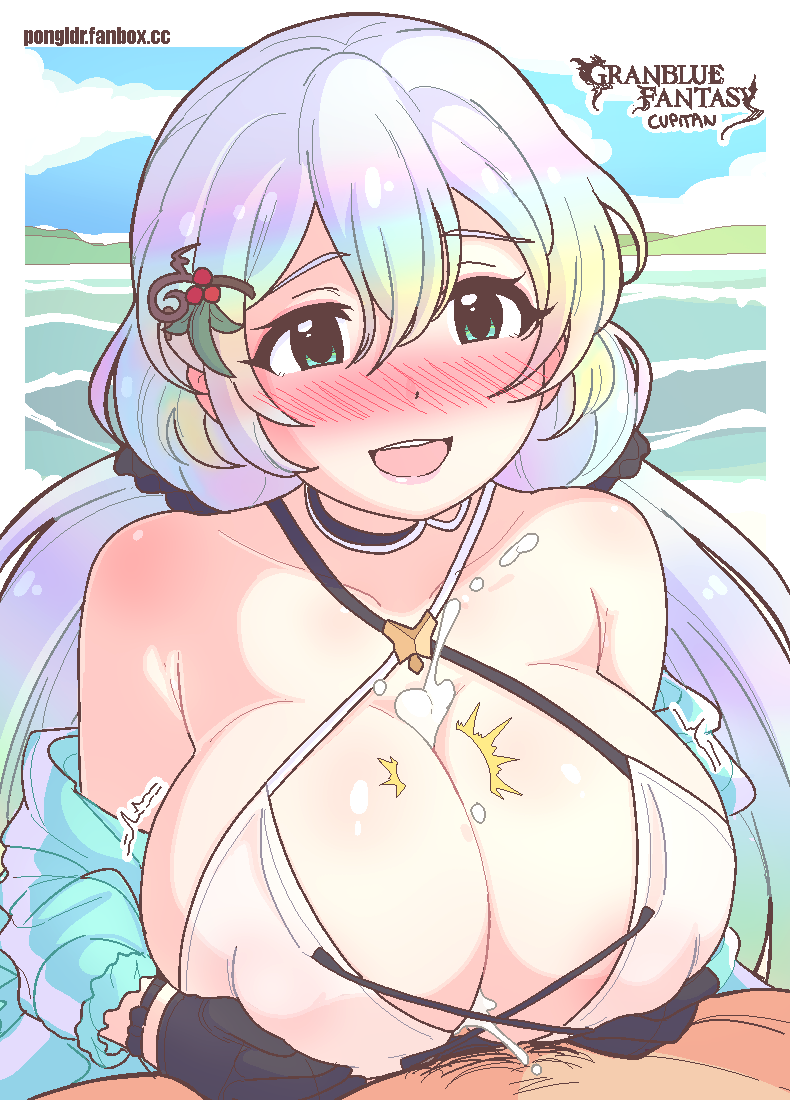 1boy 1girl beach bikini blue_eyes blush border breasts choker cum cupitan_(granblue_fantasy) ejaculation fellatio gloves granblue_fantasy hair_ornament hairclip huge_breasts jacket large_breasts long_hair low_twintails multicolored_hair nipples open_mouth oral paizuri pongldr pov pubic_hair rainbow_hair self-upload simple_background smile solo_focus swimsuit twintails white_border white_hair