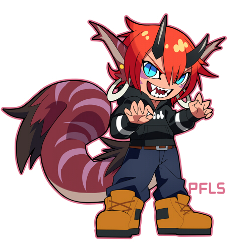 1boy animal_ears black_hoodie blue_eyes chibi claw_pose commentary_request earrings full_body hood hoodie hoop_earrings horns jewelry ketaru looking_at_viewer lowres male_focus pixiv_fantasia pixiv_fantasia_last_saga red_hair sharp_teeth short_hair simple_background slit_pupils solo tail teeth valo_le_kie white_background