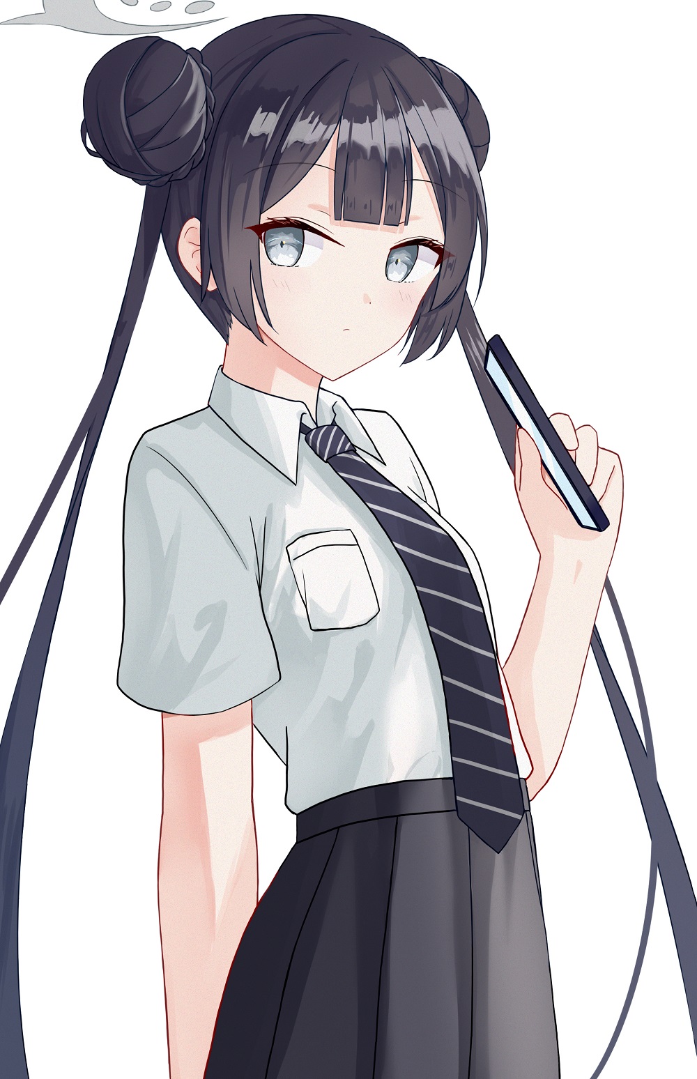 1girl akaya_(pixiv20545353) alternate_costume black_hair black_necktie black_skirt blue_archive braid closed_mouth collared_shirt commentary_request diagonal-striped_clothes diagonal-striped_necktie double_bun grey_eyes hair_bun halo hand_up highres holding kisaki_(blue_archive) kisaki_(school_uniform)_(blue_archive) long_hair necktie pleated_skirt school_uniform shirt short_sleeves simple_background skirt solo striped_clothes twintails very_long_hair white_background white_shirt