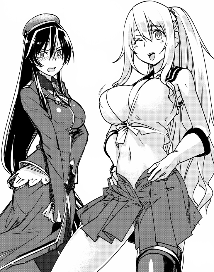 10s 2girls alternate_hairstyle atago_(kancolle) beret breast_envy breasts cleavage cosplay gloves hat kantai_collection long_hair looking_at_viewer military military_uniform monochrome multiple_girls necktie ninomiya_hitomi ponytail skirt smile takao_(kancolle) yahagi_(kancolle)_(cosplay)