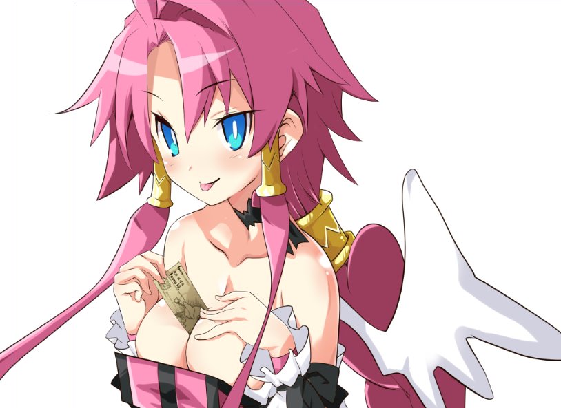 1girl blue_eyes braid breasts cleavage disgaea female_focus iwashi_dorobou_-r- large_breasts long_hair makai_senki_disgaea_4 money pink_hair red_eyes sidelocks smile solo tongue tongue_out tucked_money upper_body vulcanus_(disgaea_4) wings