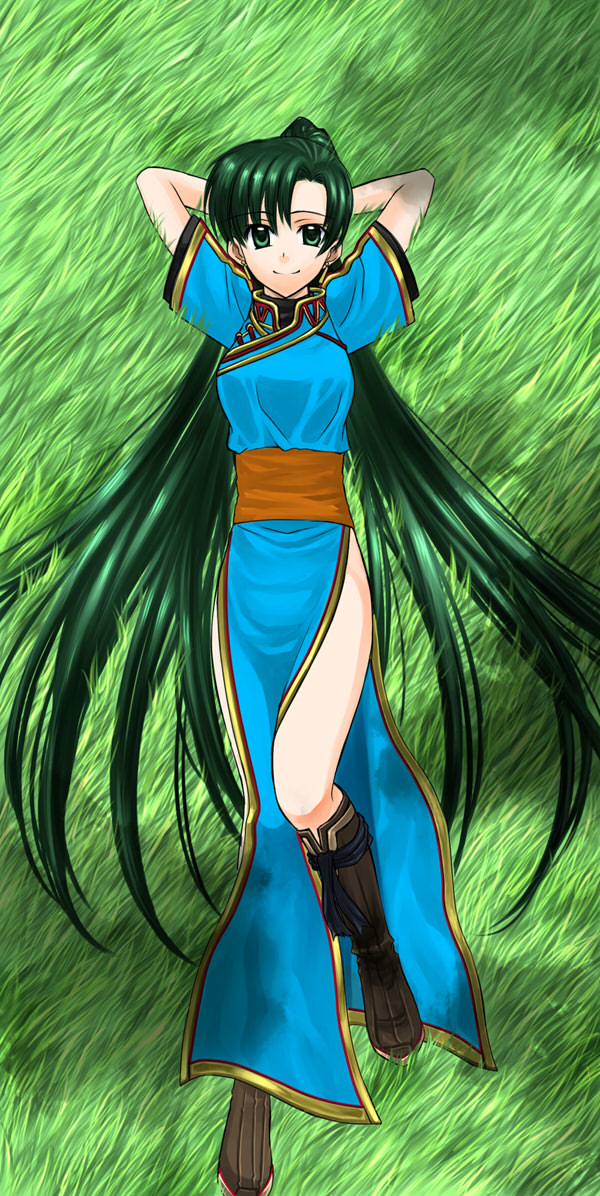 1girl bo_(774berry) boots female_focus fire_emblem fire_emblem:_the_blazing_blade grass green_eyes green_hair high_ponytail long_hair lying lyn_(fire_emblem) matching_hair/eyes nintendo on_back ponytail side_slit smile solo very_long_hair xvxxv