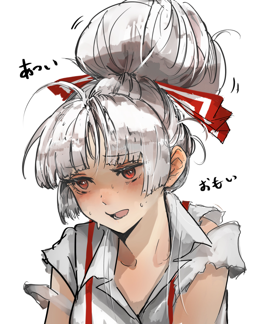 1girl alternate_hairstyle blunt_bangs bow commentary_request eneshi exhausted fujiwara_no_mokou hair_bow hair_bun solo sweat torn_clothes touhou translation_request white_background white_hair