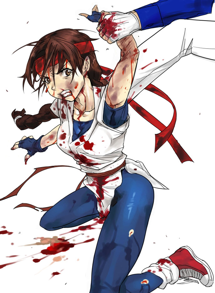 angry bandana beaten beating blood brown_eyes brown_hair bruise clenched_teeth gloves holding_another&#039;s_wrist injury robert_garcia ryuuko_no_ken shoes sneakers snk tears teeth the_king_of_fighters violence yuri_sakazaki