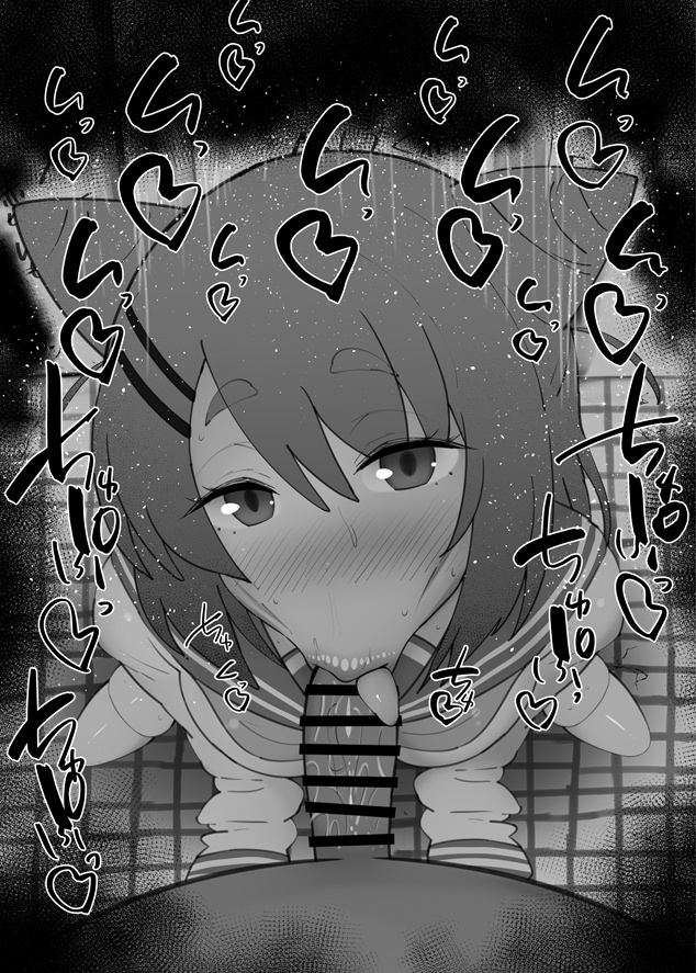 1boy 1girl :&gt;= aqua_neckerchief bar_censor blush breasts censored cone_hair_bun erection fellatio greyscale hair_bun hair_ears hair_ornament hairclip hetero kurotama large_breasts long_sleeves looking_at_viewer monochrome neckerchief nekoyamada_neko nose_blush open_mouth oral penis pointless_censoring pov pov_crotch red_hair saliva school_uniform serafuku shikanoko_nokonoko_koshitantan shirt short_eyebrows short_hair sleeves_past_fingers sleeves_past_wrists solo_focus sound_effects sweat thick_eyebrows tile_floor tiles toilet toilet_stall very_long_sleeves white_shirt