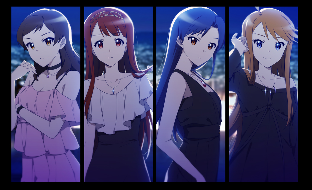 4girls black_dress blue_eyes blue_hair brown_eyes brown_hair choker dress idolmaster idolmaster_(classic) idolmaster_million_live! jewelry kisaragi_chihaya kitazawa_shiho long_hair looking_at_viewer multiple_girls necklace night night_sky pink_dress red_eyes red_hair sky tanaka_kotoha tokoro_megumi touon yellow_eyes