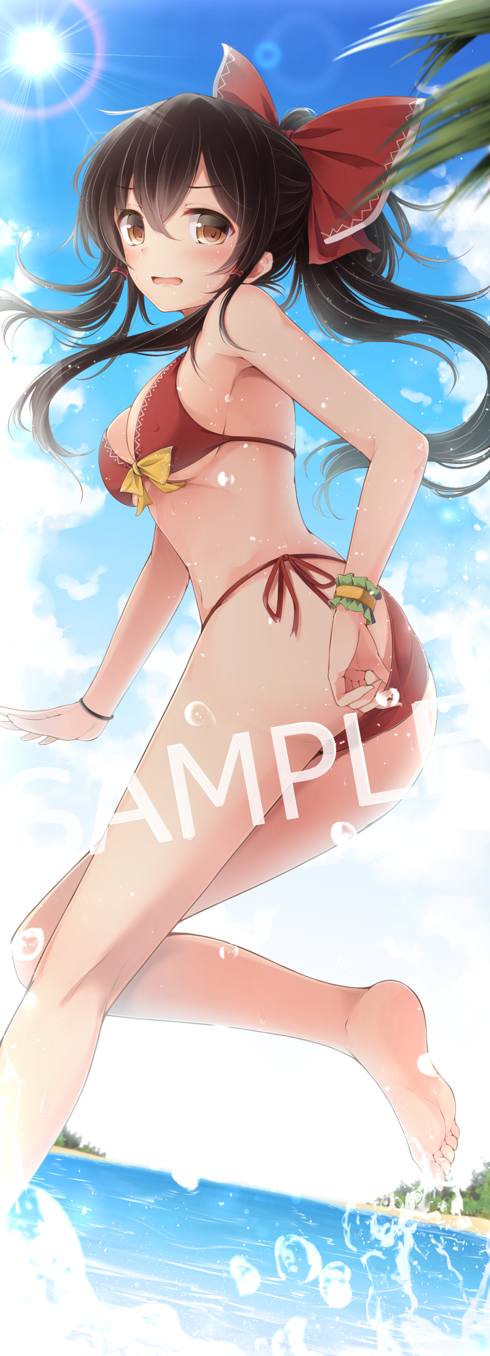 1girl absurdres ass bare_arms bare_legs bare_shoulders barefoot bikini black_hair blue_sky blush bow breasts brown_eyes cloud commentary_request day feet_out_of_frame hair_between_eyes hair_bow hakurei_reimu halterneck highres lens_flare long_hair looking_at_viewer medium_breasts open_mouth outdoors ponytail red_bikini red_bow sample_watermark side-tie_bikini_bottom sky solo standing standing_on_one_leg string_bikini sun swimsuit thighs touhou toyosaki_shu water water_drop watermark wrist_cuffs