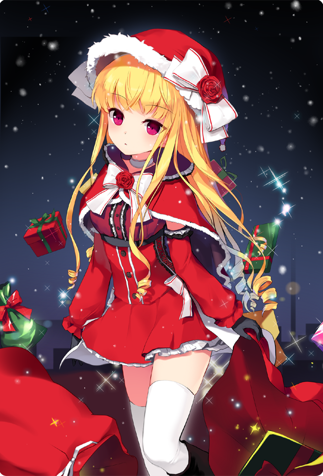 1girl black_gloves blonde_hair blush capelet cinia_pacifica female_focus gift gloves hat holding long_hair looking_at_viewer mechuragi parted_lips purple_eyes ringlets sack santa_costume santa_hat solo standing sword_girls thighhighs thighs white_thighhighs