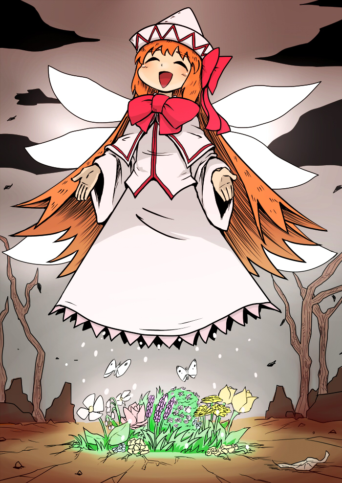 1girl ^_^ blonde_hair bow closed_eyes eyebrows fairy_wings female_focus flower hat hat_bow lily_white nicetack open_mouth smile solo thick_eyebrows touhou triangle_mouth wasteland wide_sleeves wings