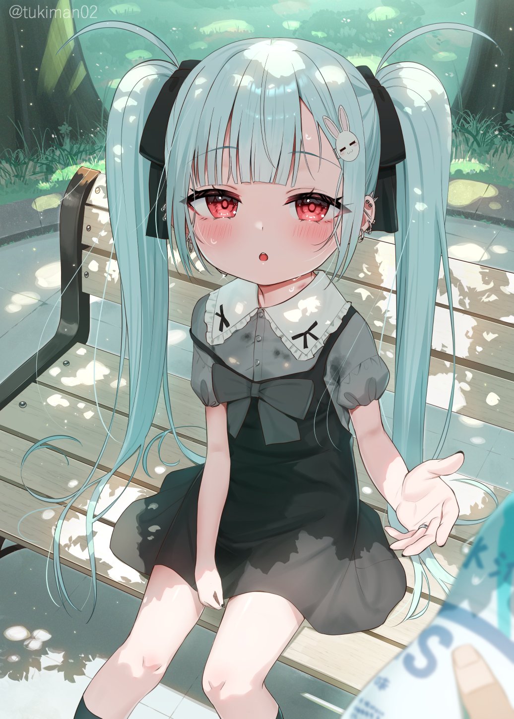 1girl 1other :o black_bow black_dress black_socks blue_hair bottle bow collared_shirt commentary_request day dress dress_shirt feet_out_of_frame grey_bow grey_shirt hair_bow hair_ornament highres holding holding_bottle jewelry kanae_(tsukiman) long_hair looking_at_viewer on_bench original outdoors parted_lips puffy_short_sleeves puffy_sleeves rabbit_hair_ornament ring shirt short_sleeves sitting sleeveless sleeveless_dress socks solo_focus strap_slip tree tsukiman twintails twitter_username very_long_hair water_bottle