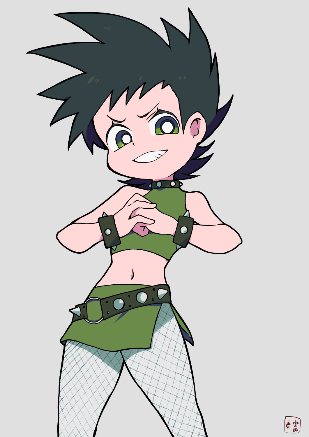 1girl black_hair bracelet brute_(ppg) collar cowboy_shot fist_in_hand green_eyes green_skirt green_tank_top grey_background grin highres jewelry looking_at_viewer miyata_(lhr) navel pantyhose powerpuff_girls side-tie_skirt skirt smile solo spiked_belt spiked_bracelet spiked_collar spiked_hair spikes tank_top