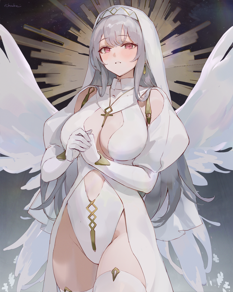 1girl breasts chowbie earrings gloves grey_hair jewelry large_breasts leotard long_hair long_sleeves looking_at_viewer necklace nun original pink_eyes solo thighhighs thighs white_gloves white_leotard white_thighhighs wings