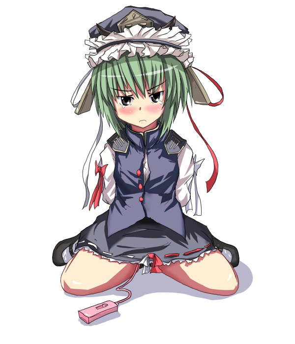 1girl blush female_focus green_hair hat kara_kasa karakasa_(murakumo_koushou) kneeling ribbon sex_toy shiki_eiki short_hair solo tears touhou vibrator