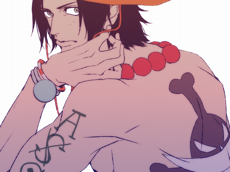 1boy akizuki_hakuto arm_tattoo back_tattoo bad_id bad_pixiv_id black_hair bracelet closed_mouth freckles hat jewelry jolly_roger log_pose looking_back male_focus necklace one_piece orange_hat pearl_necklace portgas_d._ace short_hair solo tattoo whitebeard_pirates_jolly_roger