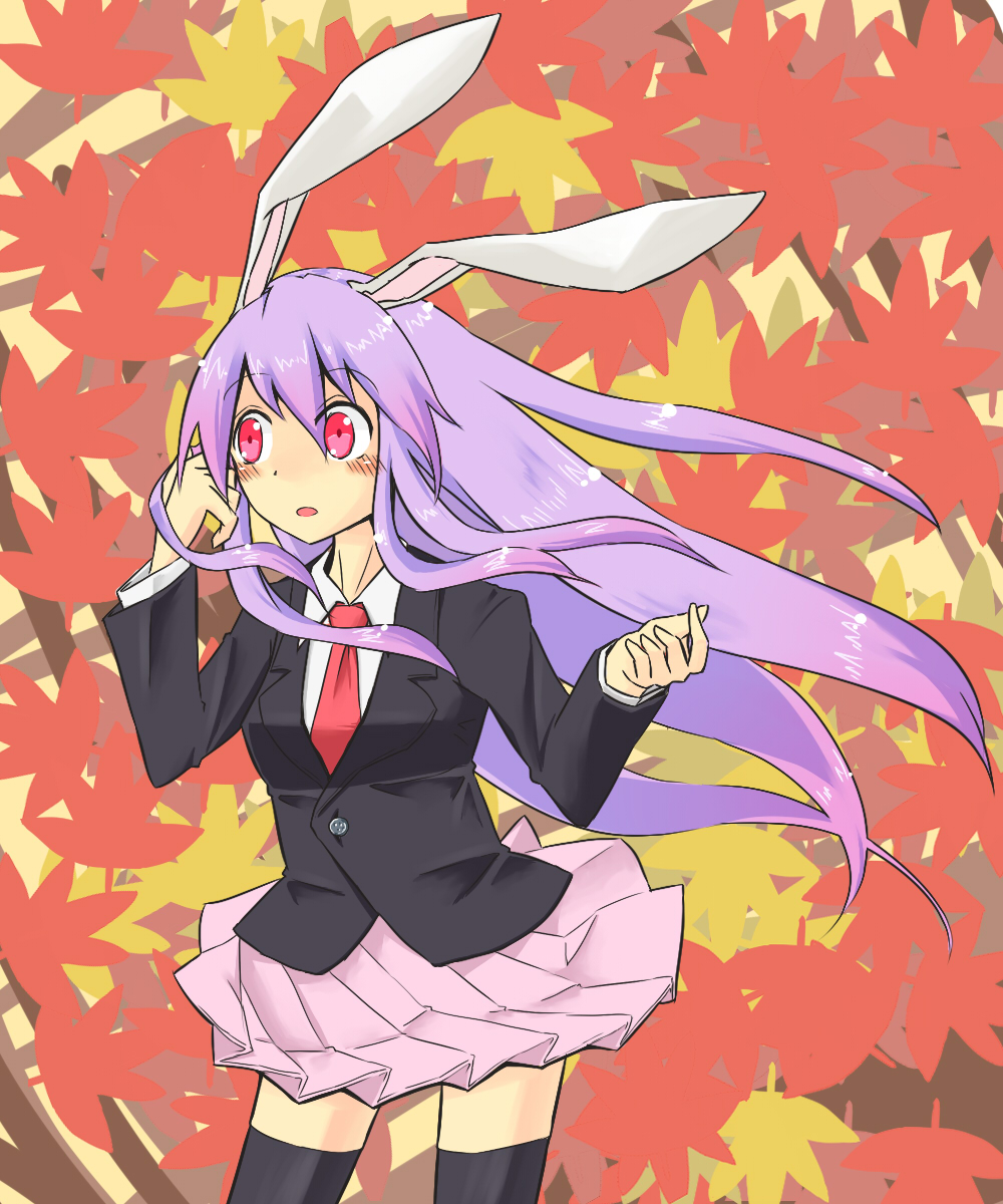 1girl aji_kaze animal_ears black_jacket breasts collared_shirt cowboy_shot highres holding jacket long_hair long_sleeves necktie open_mouth pink_hair pink_skirt pleated_skirt rabbit_ears rabbit_girl red_background red_eyes red_necktie reisen_udongein_inaba shirt simple_background skirt small_breasts solo touhou very_long_hair white_shirt