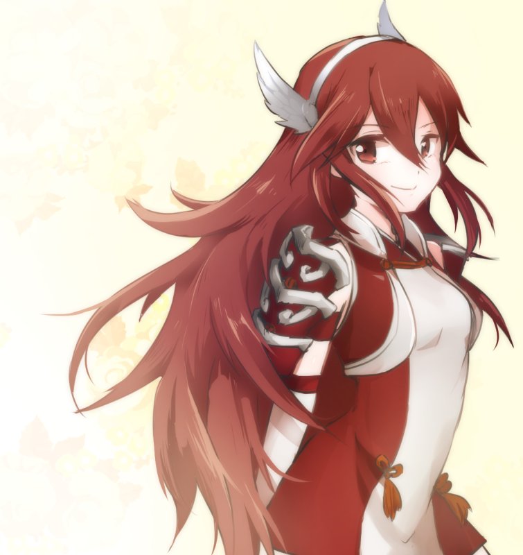 1girl armor caeldori_(fire_emblem) fire_emblem fire_emblem_fates hair_between_eyes hairband long_hair looking_at_viewer nintendo pamm red_eyes red_hair solo white_hairband winged_hair_ornament winged_hairband