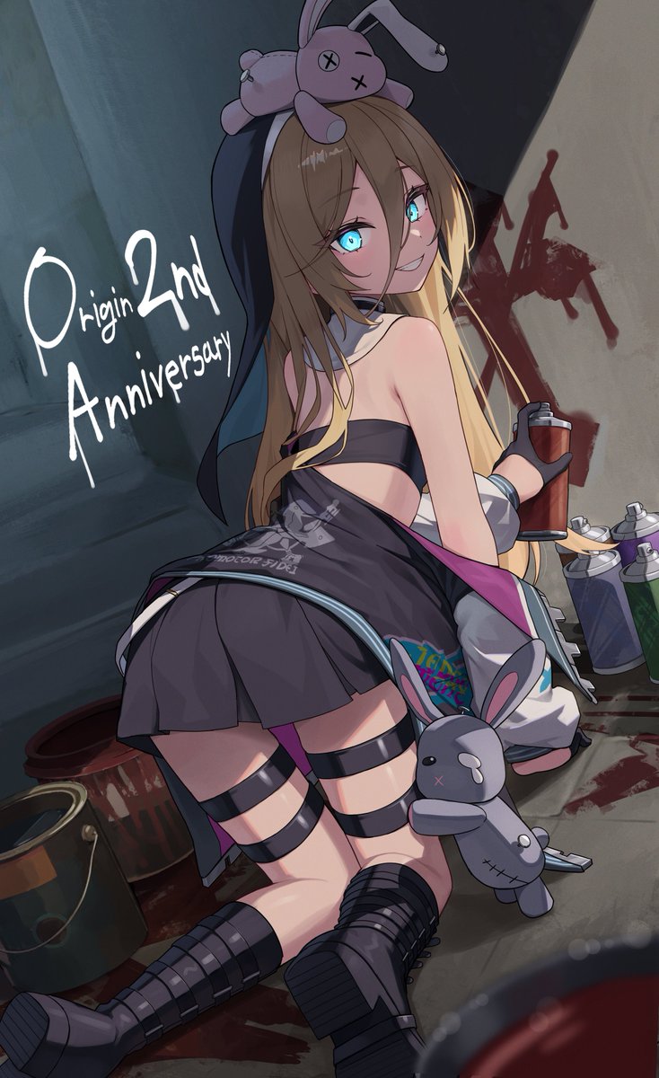 all_fours anniversary back bandeau black_bandeau black_boots black_gloves black_jacket black_skirt black_veil blonde_hair blue_eyes blurry blurry_foreground boots cindy_looper commentary counter:side from_behind gloves glowing glowing_eyes graffiti grin hair_between_eyes half_gloves highres holding_spray_can jacket jacket_partially_removed long_hair looking_at_viewer looking_back miniskirt multiple_thigh_straps nun object_on_head paint_can print_jacket skirt smile spray_can spraying stuffed_animal stuffed_rabbit stuffed_toy suumon veil