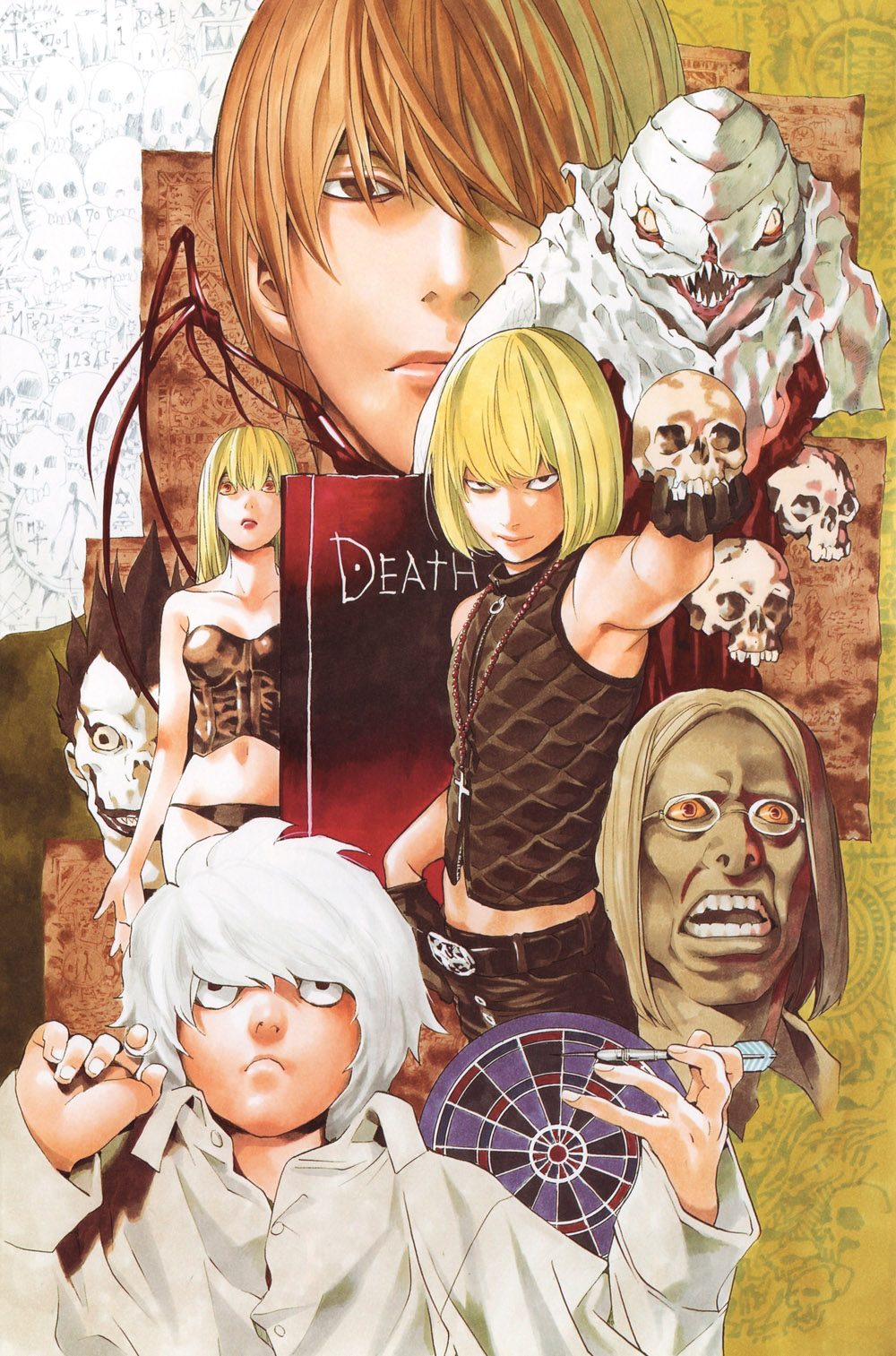 amane_misa blonde_hair bob_cut corset cross cross_necklace dart death_note death_note_(object) glasses goth_fashion highres jewelry mello_(death_note) near_(death_note) necklace obata_takeshi official_art panties ryuk shinigami sidoh_(death_note) skull teeth underwear vest white_hair