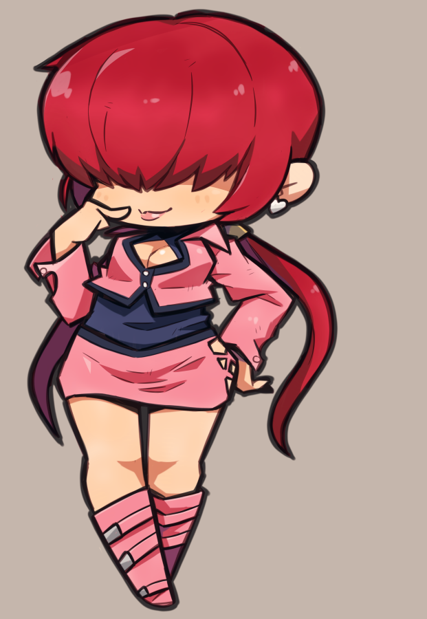 1girl chibi cleavage_cutout clothing_cutout earrings full_body hair_over_eyes hand_on_own_hip hand_on_own_face ibara. jewelry red_hair shermie_(kof) solo the_king_of_fighters twintails