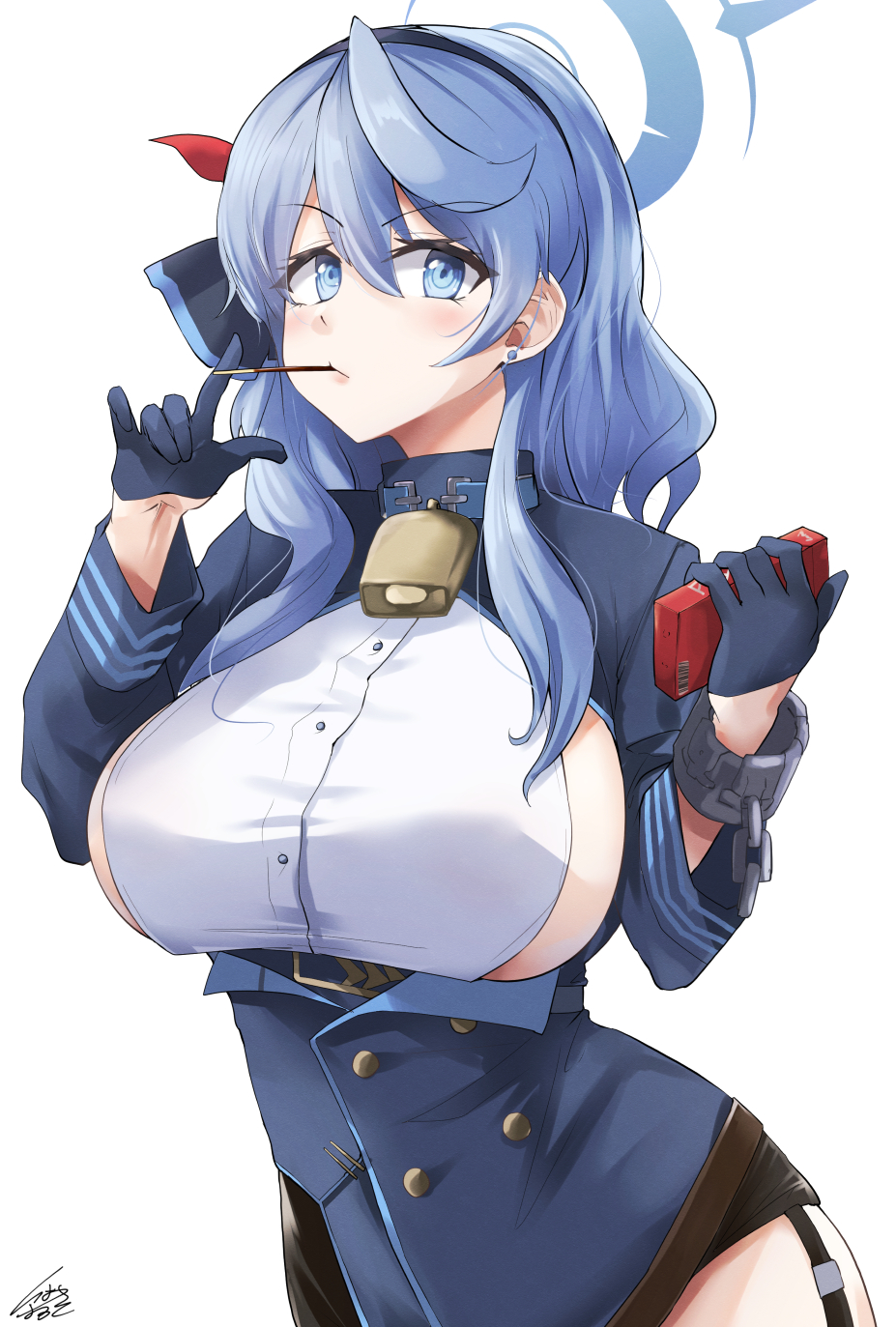 1girl ako_(blue_archive) bell black_skirt blue_archive blue_eyes blue_hair blue_jacket blush breasts cellphone collar food garter_straps gloves hair_between_eyes hairband half_gloves halo highres ibara_azuki jacket large_breasts long_hair long_sleeves looking_at_viewer mouth_hold neck_bell phone pocky sideboob skirt solo thighs