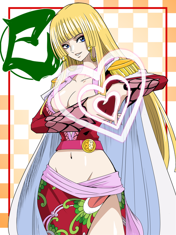 1d1htr 1girl blonde_hair blue_eyes boa_hancock boa_hancock_(cosplay) breasts cape chinese_zodiac cleavage cosplay crop_top crossover earrings emilie_de_rochefort heart heart_hands jewelry large_breasts long_hair long_sleeves one_piece skirt smile snake teeth tekken year_of_the_snake