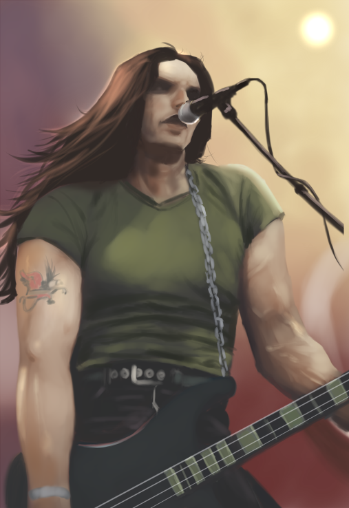 1boy brown_hair cable instrument long_hair male_focus peter_steele polecat_(artist) solo type_o_negative