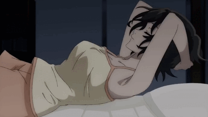 Asai Akira Yofukashi No Uta Animated Animated 1girl Armpits Arms Up Bed Black Hair 5033