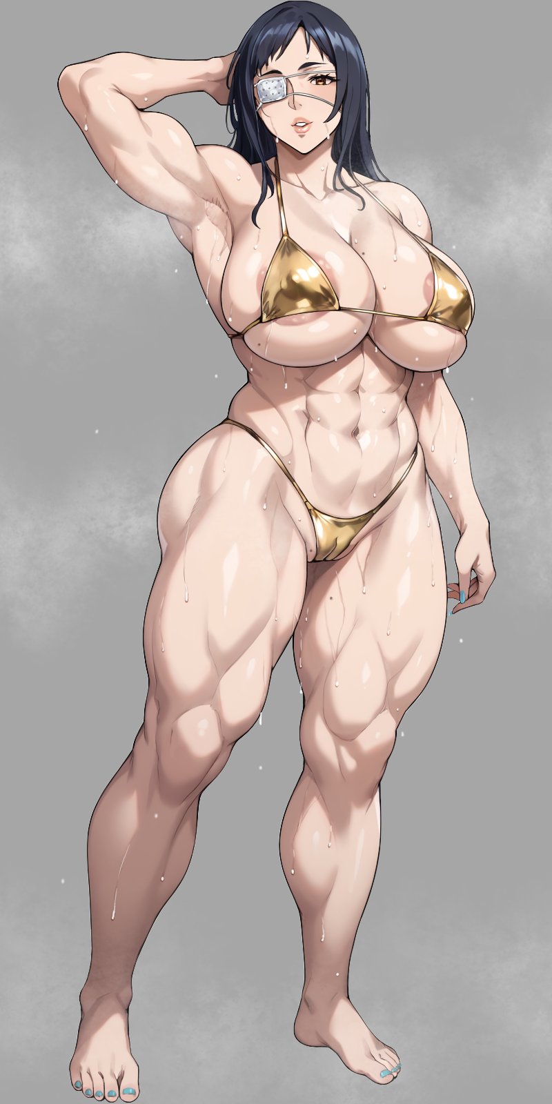 1girl abs arm_behind_head armpit_crease armpits bare_shoulders biceps bikini collarbone eyepatch female_focus grey_background highres jormungand_(manga) long_hair muscular muscular_female nanabe_78 shiny_skin simple_background sofia_valmer steam sweat swimsuit thick_thighs thighs